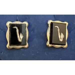 Pair VTG Cuff Links Cufflinks Gold Tone Square Black Stone Saxophone